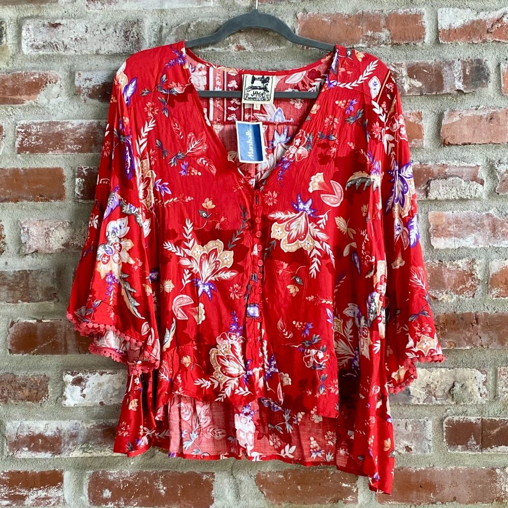 Jaase Women's Top, Red Floral, Pompom Sleeve detail, 3/4 L sleeves, L, NWT!
